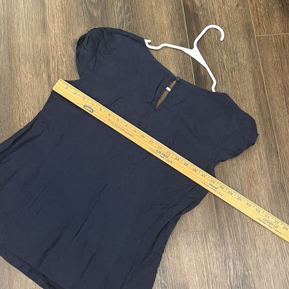 J.CREW Gathered  Pintuck Neck Cap Sleeve Top Navy 12 Silk Cotton Blend Blouse - Picture 6 of 8